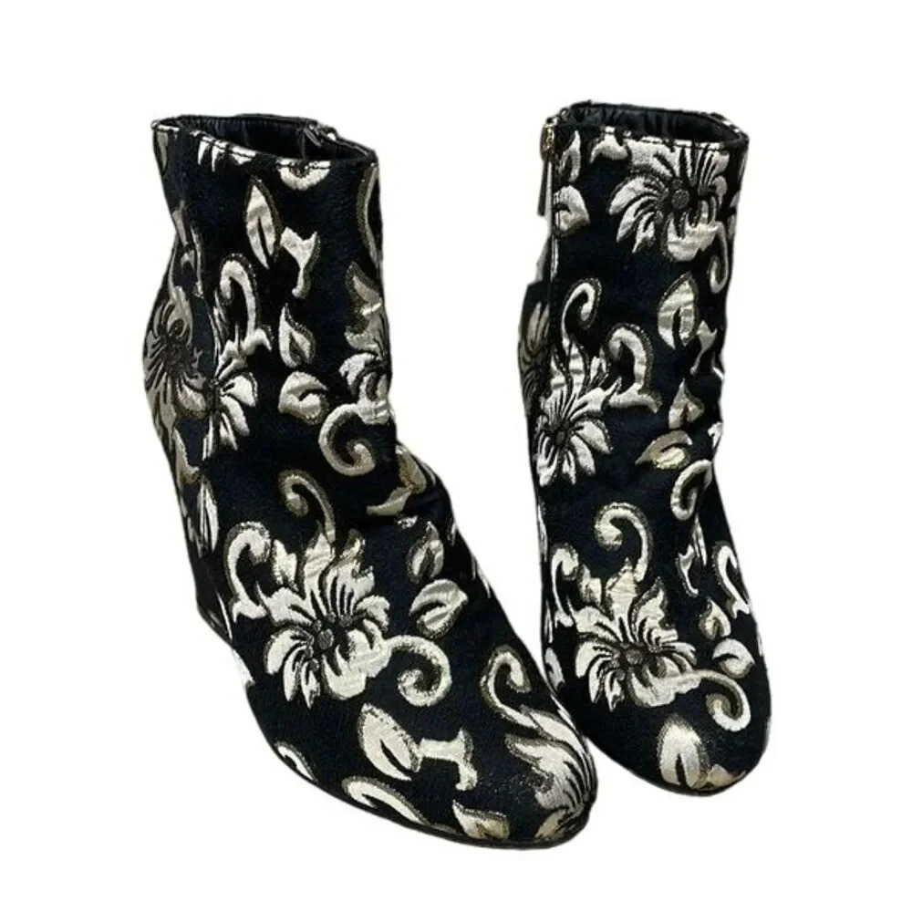 Women's‎ Bamboo Namaste Black & Gold Floral Ankle Block Heel Booties Size 8